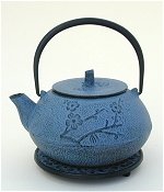 Blue Floral  Cast Iron Teapot w/Trivet and 4 Cups